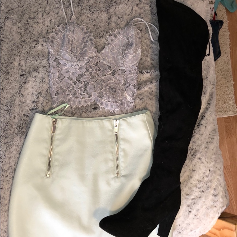 Light light blue leather mini skirt
